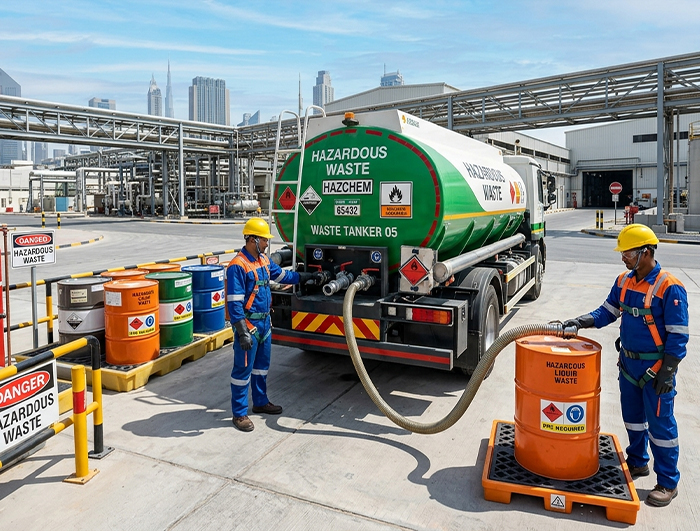 Hazardous waste tanker collecting industrial chemical waste from a commercial facility in Dubai for safe transportation and certified disposal