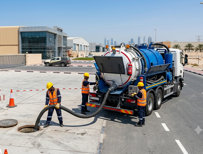 Licensed wastewater collection Dubai using a vacuum tanker truck at an industrial facility.