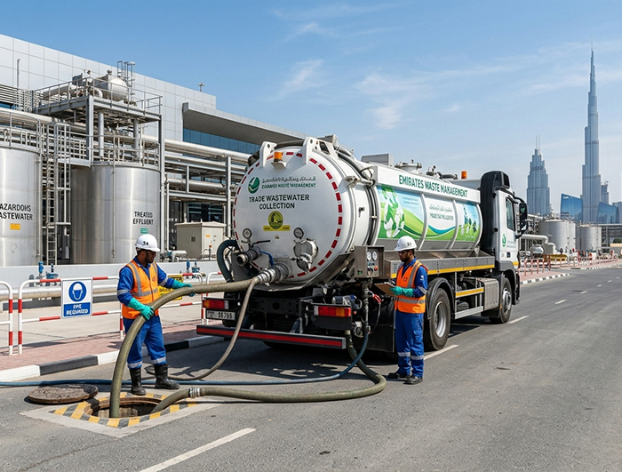 Trade wastewater removal Dubai using a professional vacuum tanker at an industrial facility